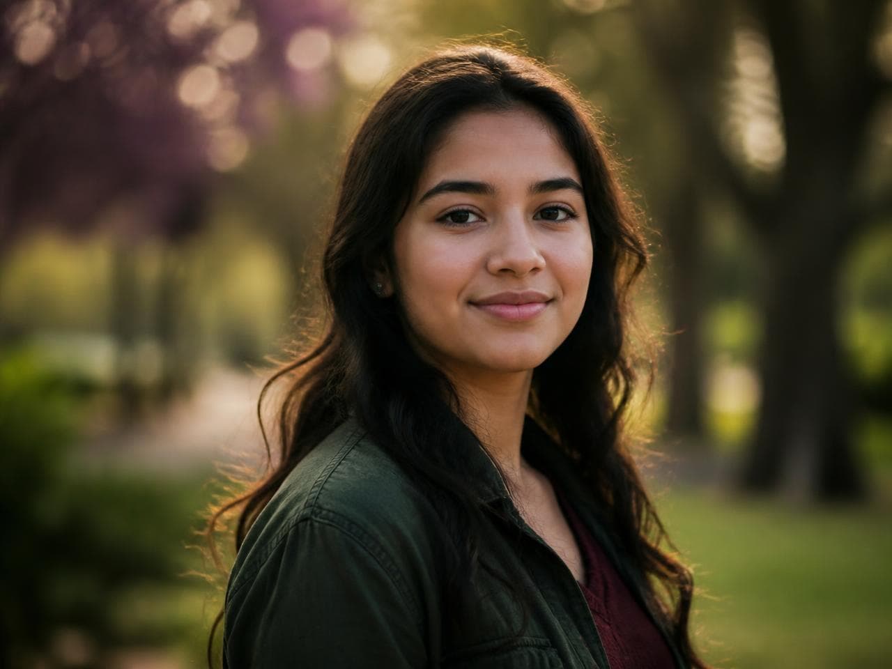 A young woman standing outdoors in warm evening light