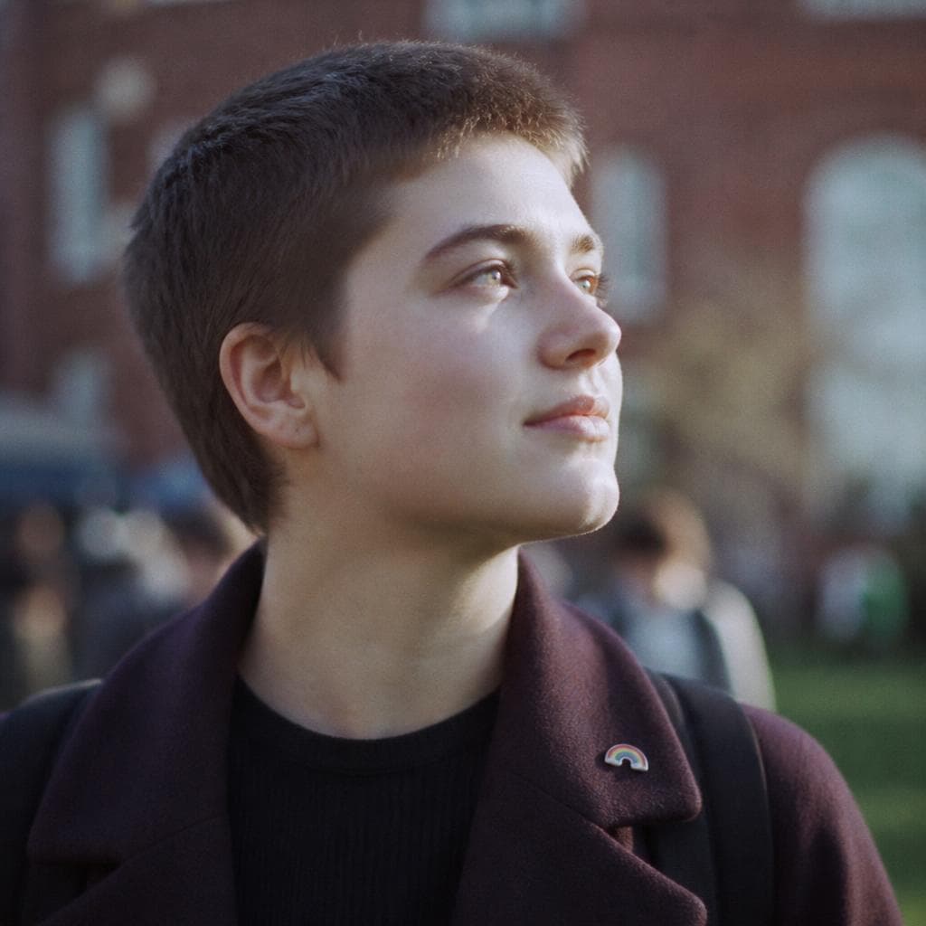 A college student with short hair and a small rainbow pin, looking up toward the light