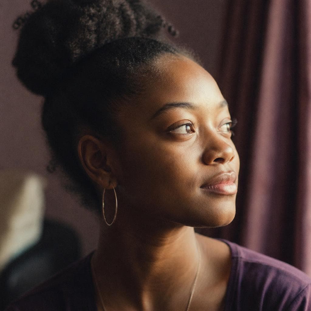 A young woman gazing toward warm window light with quiet hope