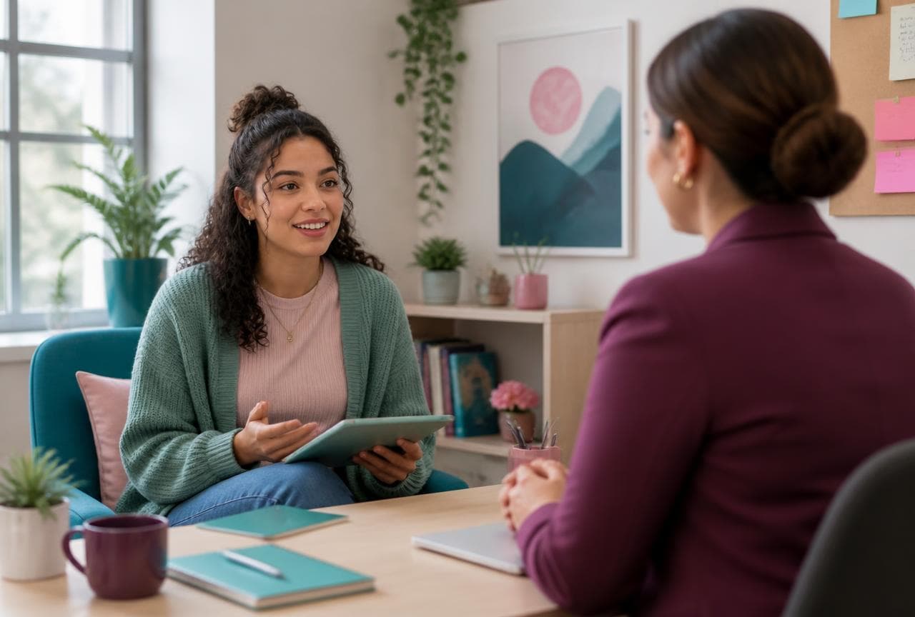 A campus advocate meets professionally with a university wellness staff member in a bright, supportive office.