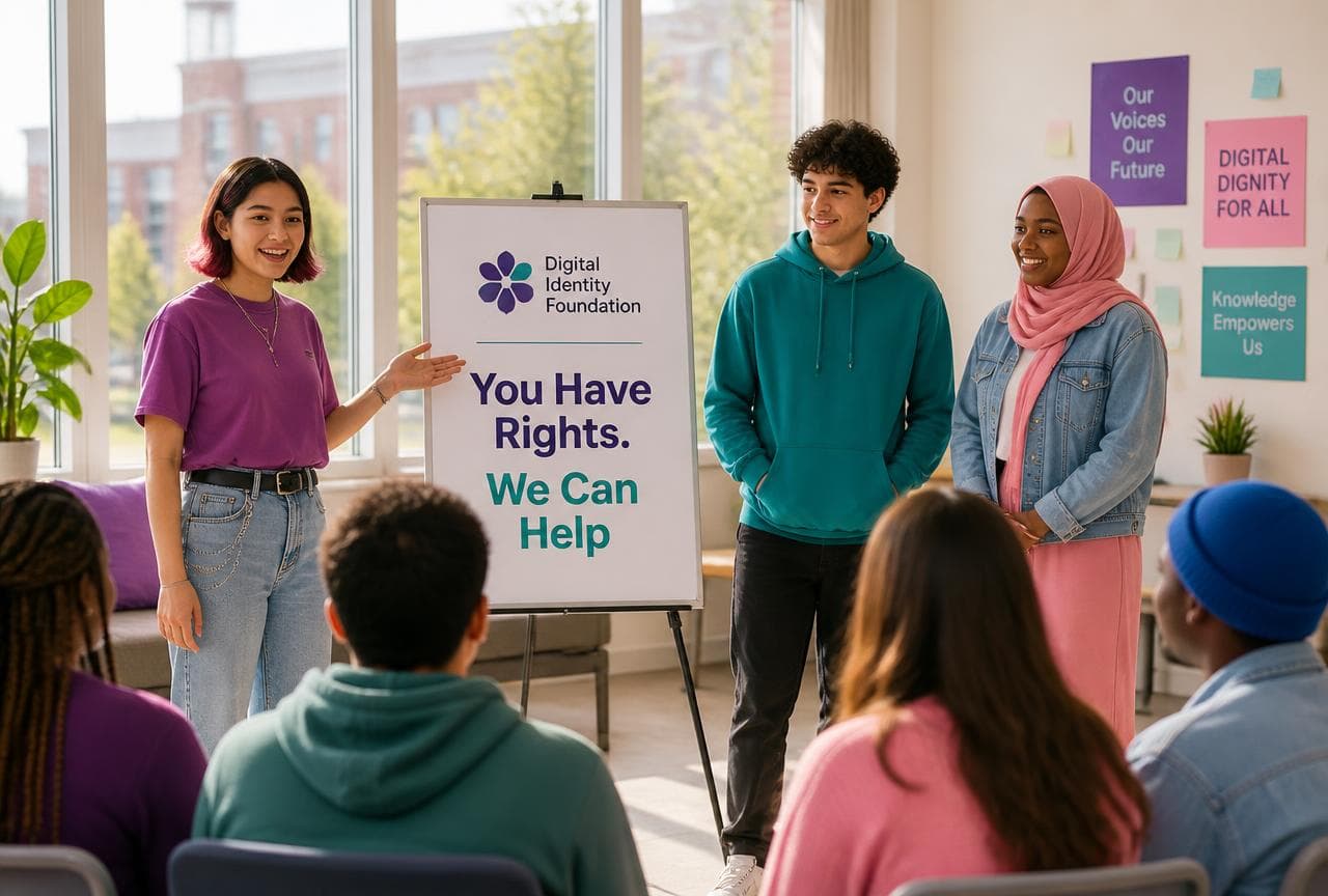 Three diverse college students presenting a Digital Identity Foundation workshop on campus with a sign that reads You Have Rights. We Can Help.